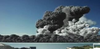 Simulação de erupção em ilha vulcânica em Auckland NZelandia mostra imagem impac...