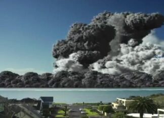 Simulação de erupção em ilha vulcânica em Auckland NZelandia mostra imagem impac...