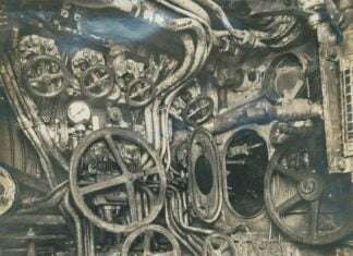 The control room of a World War 1 German submarine (UB-110) in 1918.