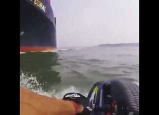 JET SKIER ALMOST GETS SUCKED UNDER CONTAINER SHIP!