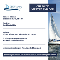 A Imagem Pode Conter: Texto Que Diz &Quot;Escol De Vela Minuano Curso De Mestre Amador Total De Aulas: Dezembro: 01, 02, 08 09 Horário: Das 19Hs Às 21Hs 89 Valores: Sócios: R$ 600,00 Não-Sócios: R$ 750,00 O Valor Pode Ser Parcelado Em Até 3X No Cartão De Crédito Aulas Ministradas Pelo Prof. Ângelo Menegassi As Inscrições Devem Ser Feitas Através Do E-Mail Evm@Vds.com.br&Quot;