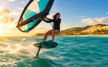 Atleta De Wingfoil Competindo Com Vento Forte No Litoral Do Rio Grande Do Norte