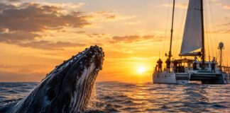 Baleia emergindo perto de veleiro em mar aberto ao entardecer, simbolizando a conservação marinha discutida na reunião da Comissão Baleeira Internacional