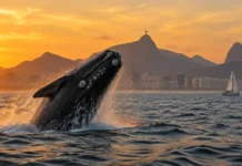Baleia-franca saltando perto da orla do Rio de Janeiro com veleiro a distância segura