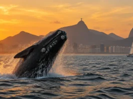 Baleia-franca saltando perto da orla do Rio de Janeiro com veleiro a distância segura