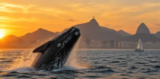 Baleia-franca saltando perto da orla do Rio de Janeiro com veleiro a distância segura