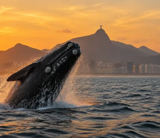 Baleia-Franca Saltando Perto Da Orla Do Rio De Janeiro Com Veleiro A Distância Segura