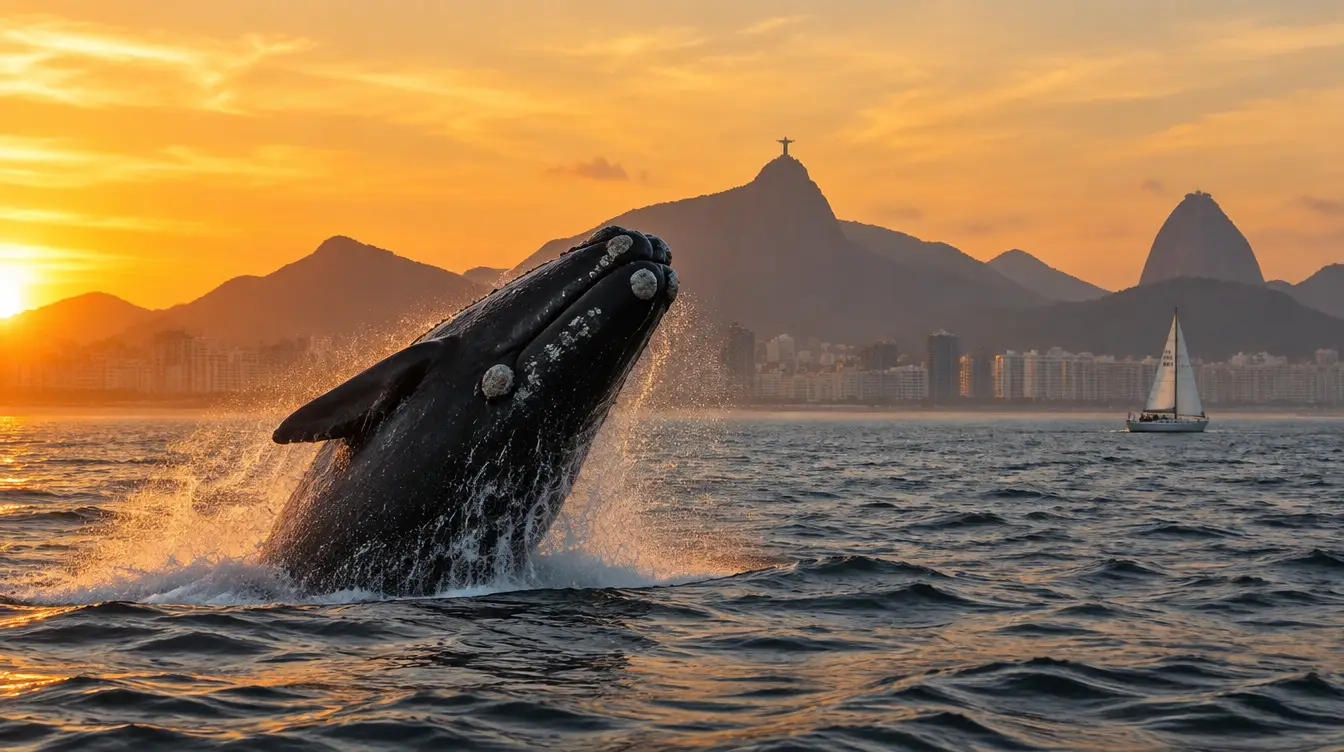 Baleias No Litoral Do Rio De Janeiro: O Recorde De Avistamentos De 2026 E O Que Isso Muda Para Quem Navega 1 Baleia-Franca Saltando Perto Da Orla Do Rio De Janeiro Com Veleiro A Distância Segura