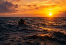 Barco a remo cruzando sozinho o Atlântico Sul ao entardecer