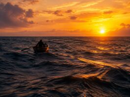 Barco a remo cruzando sozinho o Atlântico Sul ao entardecer