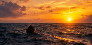 Barco a remo cruzando sozinho o Atlântico Sul ao entardecer