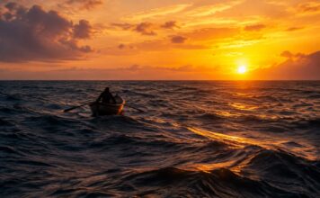 Barco A Remo Cruzando Sozinho O Atlântico Sul Ao Entardecer