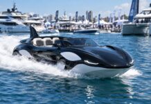 Barco-carro híbrido inspirado em orca navegando em alta velocidade, exposto no São Paulo Boat Show 2026
