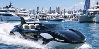 Barco-carro híbrido inspirado em orca navegando em alta velocidade, exposto no São Paulo Boat Show 2026