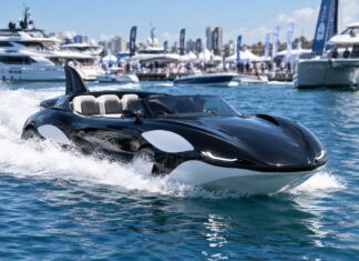 São Paulo Boat Show 2026: o barco-carro inspirado em orca e a corrida por um mercado de R$ 21 bilhões Barco-carro híbrido inspirado em orca navegando em alta velocidade, exposto no São Paulo Boat Show 2026