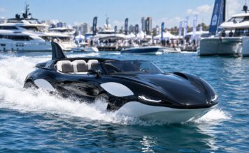 São Paulo Boat Show 2026: O Barco-Carro Inspirado Em Orca E A Corrida Por Um Mercado De R$ 21 Bilhões Barco-Carro Híbrido Inspirado Em Orca Navegando Em Alta Velocidade, Exposto No São Paulo Boat Show 2026