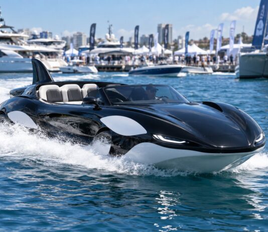 São Paulo Boat Show 2026: O Barco-Carro Inspirado Em Orca E A Corrida Por Um Mercado De R$ 21 Bilhões Barco-Carro Híbrido Inspirado Em Orca Navegando Em Alta Velocidade, Exposto No São Paulo Boat Show 2026