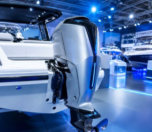 Motor De Popa A Hidrogênio: A Aposta Da Yamaha No São Paulo Boat Show 2026 Fotografia Realista De Um Motor De Popa Moderno E Futurista Instalado Na Traseira De Uma Lancha Branca, Em Um Salão Náut…