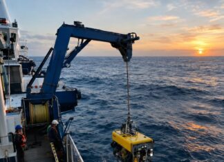 Fotografia Realista De Um Navio De Pesquisa Oceanográfica No Meio Do Oceano Atlântico, Em Alto-Mar, Com Um Rov (Veículo …