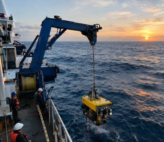 Abismos Do Atlântico: A Expedição Científica Brasileira Que Vai Mergulhar A 4.500 Metros De Profundidade Fotografia Realista De Um Navio De Pesquisa Oceanográfica No Meio Do Oceano Atlântico, Em Alto-Mar, Com Um Rov (Veículo …