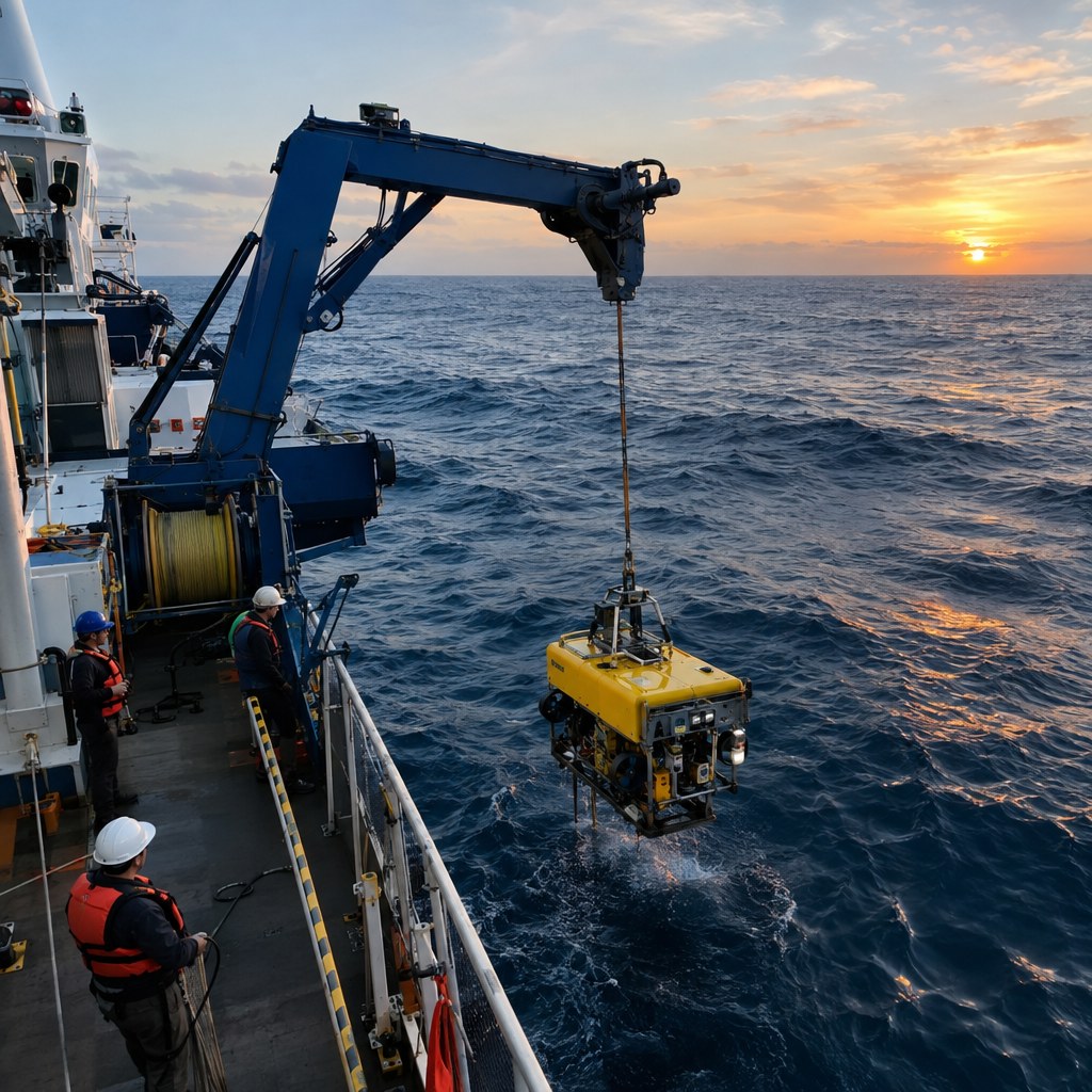 Navio De Pesquisa Oceanográfica Lançando Rov No Oceano Atlântico