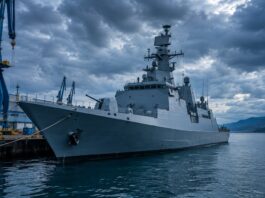 Fragata de guerra moderna em estaleiro naval, representando a fragata Tamandaré