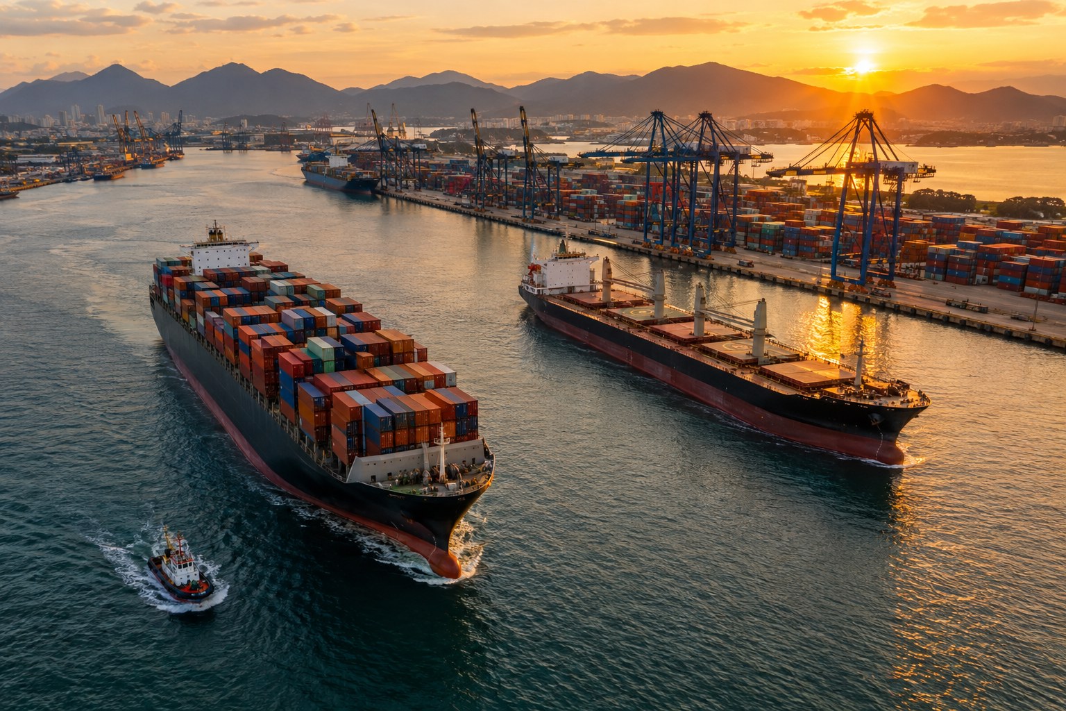 Dia Marítimo Mundial 2026: O Brasil Chega À Data Com Recorde De Carga Nos Portos 1 Navio De Carga Em Porto Brasileiro Ao Entardecer, Ilustrando O Dia Marítimo Mundial 2026
