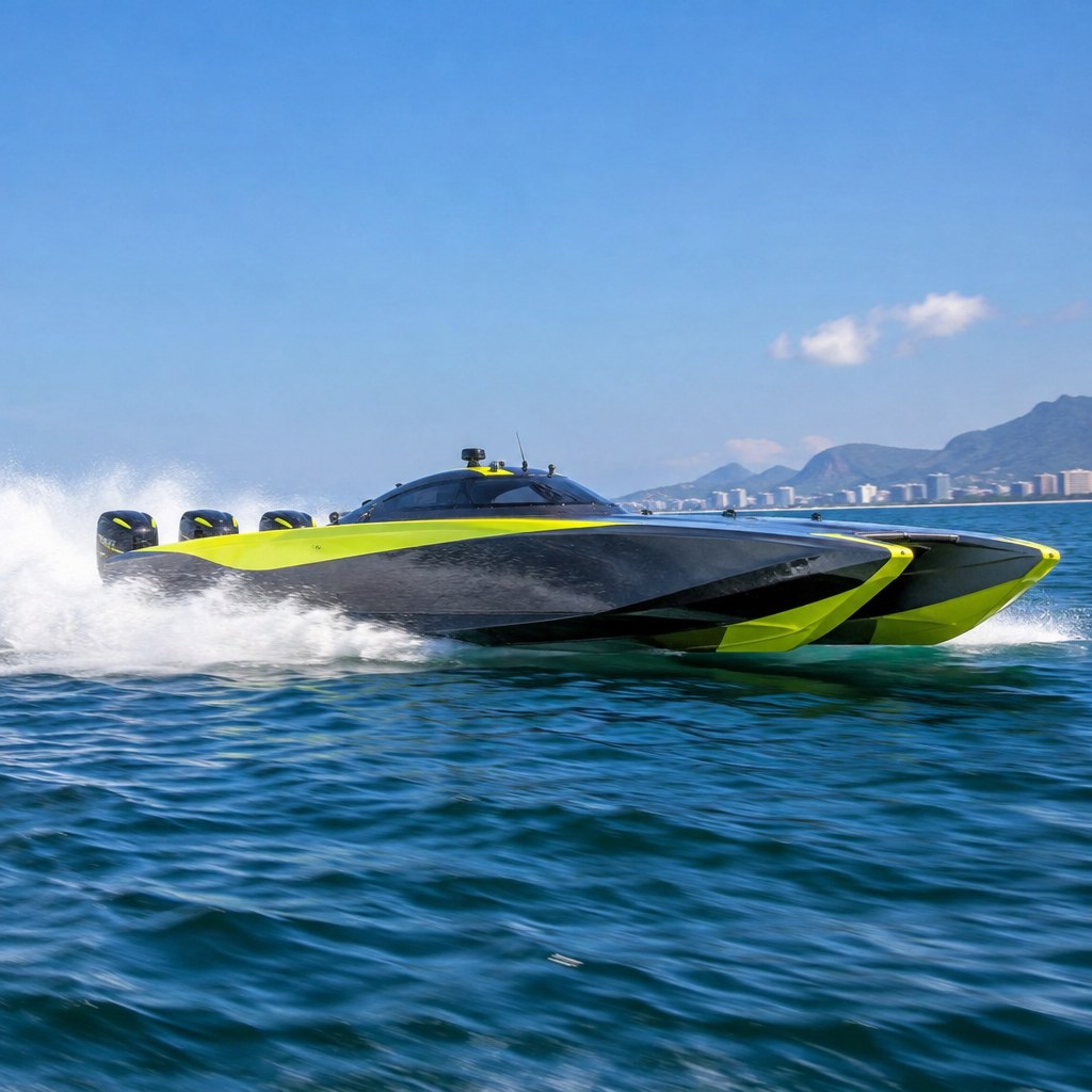Lancha Catamarã De Competição Em Alta Velocidade No Mar