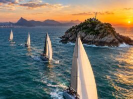 Veleiros oceânicos de competição navegando em mar aberto perto de uma pequena ilha rochosa na costa do Rio de Janeiro, a…
