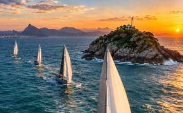 Regata Santos-Rio Terá Nova Chegada Na Ilha Rasa Em 2026 Veleiros Oceânicos De Competição Navegando Em Mar Aberto Perto De Uma Pequena Ilha Rochosa Na Costa Do Rio De Janeiro, A…