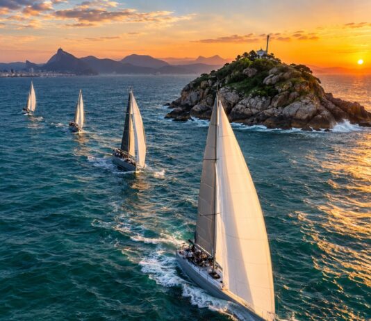 Regata Santos-Rio Terá Nova Chegada Na Ilha Rasa Em 2026 Veleiros Oceânicos De Competição Navegando Em Mar Aberto Perto De Uma Pequena Ilha Rochosa Na Costa Do Rio De Janeiro, A…