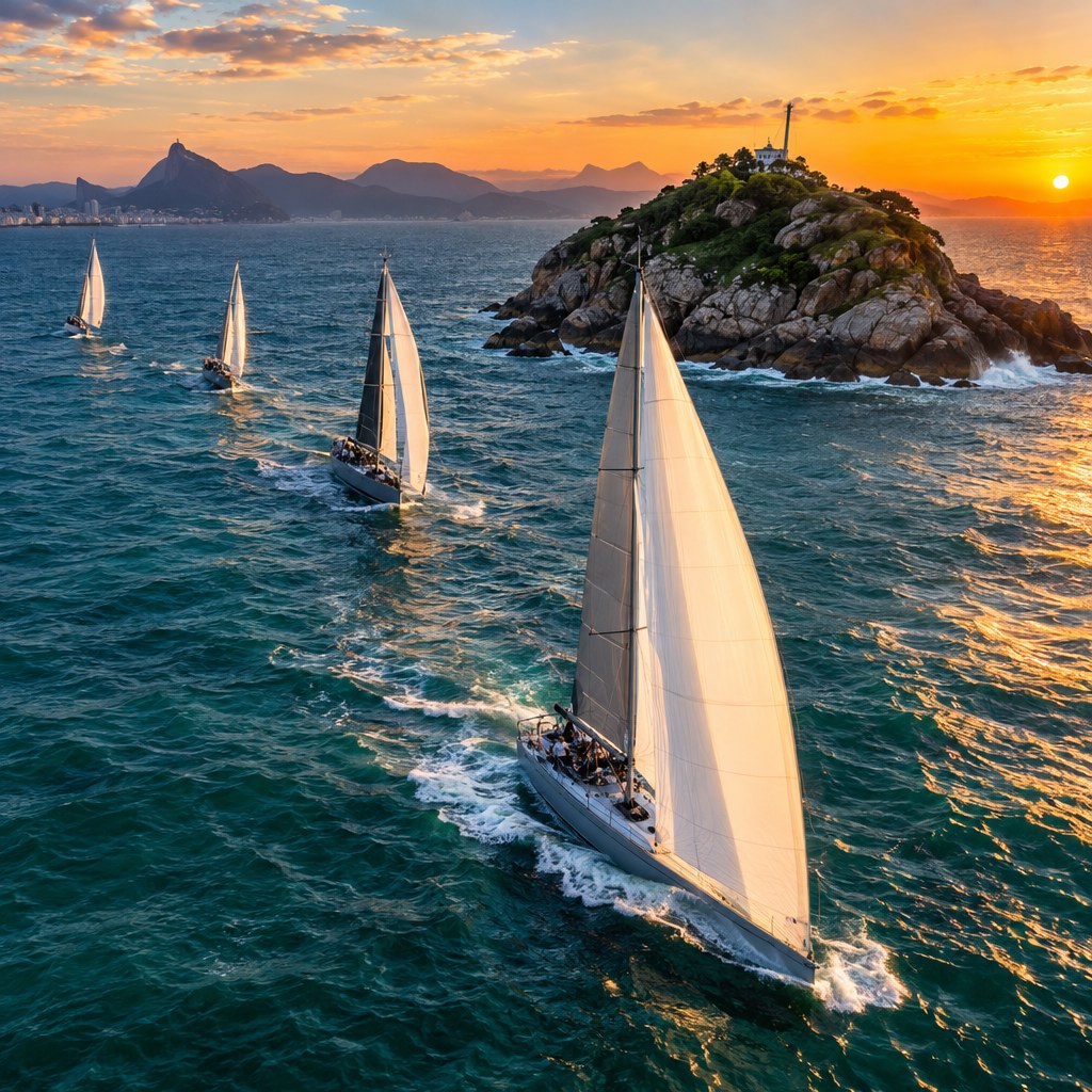 Regata Santos-Rio Terá Nova Chegada Na Ilha Rasa Em 2026 1 Veleiros De Competição Navegando Em Mar Aberto Perto De Uma Ilha No Litoral Do Rio De Janeiro Ao Entardecer
