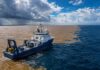 A research vessel (oceanographic research ship) navigating the Atlantic Ocean near the mouth of the Amazon River, with m…