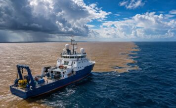 A Research Vessel (Oceanographic Research Ship) Navigating The Atlantic Ocean Near The Mouth Of The Amazon River, With M…