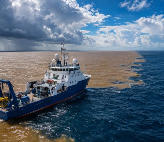 A Research Vessel (Oceanographic Research Ship) Navigating The Atlantic Ocean Near The Mouth Of The Amazon River, With M…