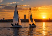 Dois veleiros disputando um Match Race no Lago Paranoá, em Brasília