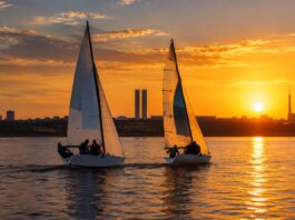 Dois veleiros disputando um Match Race no Lago Paranoá, em Brasília