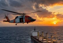 Helicóptero de busca e salvamento sobrevoando o oceano Atlântico ao largo da costa brasileira, aproximando-se de um navi…