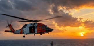 Helicóptero de busca e salvamento sobrevoando o oceano Atlântico ao largo da costa brasileira, aproximando-se de um navi…