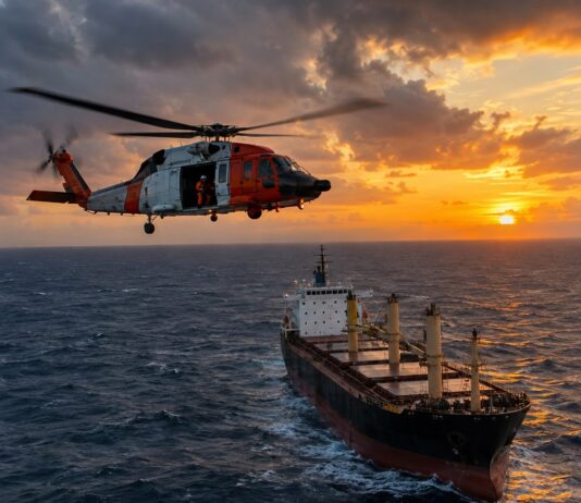 Resgate Em Alto-Mar Salva Tripulante A 130 Km De Natal Helicóptero De Busca E Salvamento Sobrevoando O Oceano Atlântico Ao Largo Da Costa Brasileira, Aproximando-Se De Um Navi…