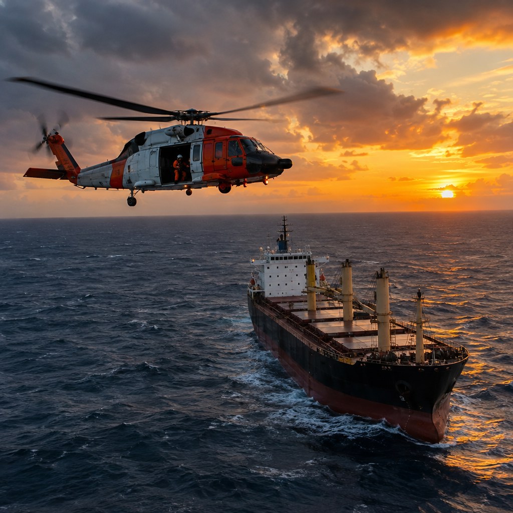 Resgate Em Alto-Mar Salva Tripulante A 130 Km De Natal 1 Helicóptero De Busca E Salvamento Sobrevoando O Oceano Atlântico Durante Operação De Resgate Em Alto-Mar