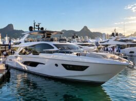 Iate de grande porte em marina durante boat show no Brasil, ilustrando a tendência de barcos maiores