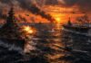 Golfo De Leyte, 82 Anos Da Maior Batalha Naval Da História Ilustração De Batalha Naval Na Segunda Guerra Mundial, Representando A Batalha Do Golfo De Leyte Em 1944