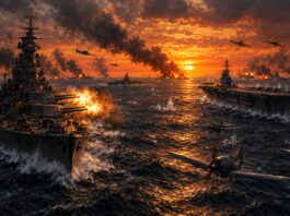 Ilustração de batalha naval na Segunda Guerra Mundial, representando a batalha do golfo de Leyte em 1944