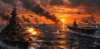 Ilustração de batalha naval na Segunda Guerra Mundial, representando a batalha do golfo de Leyte em 1944