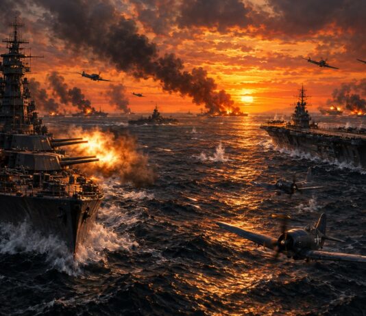 Golfo De Leyte, 82 Anos Da Maior Batalha Naval Da História Ilustração De Batalha Naval Na Segunda Guerra Mundial, Representando A Batalha Do Golfo De Leyte Em 1944