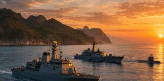 Navios de guerra em formação durante exercício naval conjunto no mar