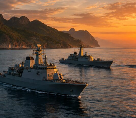 Navios de guerra em formação durante exercício naval conjunto no mar