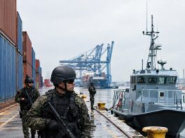 Realistic editorial photo style image of a Brazilian Navy security exercise at a commercial port: soldiers in tactical g…