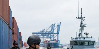 Realistic editorial photo style image of a Brazilian Navy security exercise at a commercial port: soldiers in tactical g…